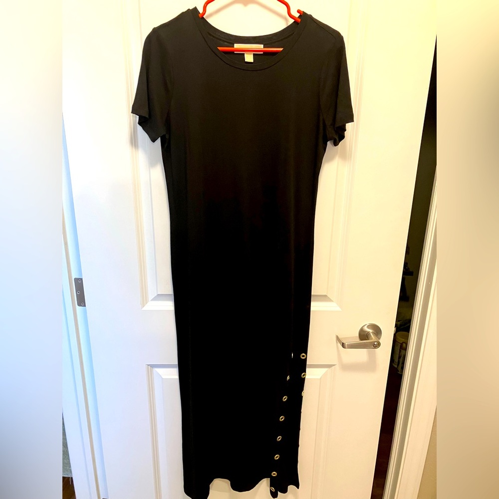 MICHAEL KORS New Black Cotton Maxi Dress with Gold hardware along the SLIT